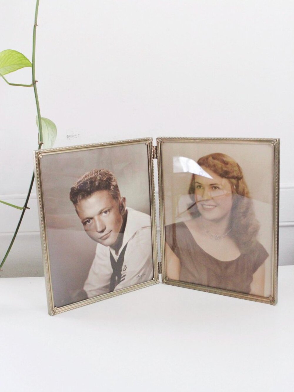 Vintage Gold Metal Bi-fold Picture Frame 8x10 Vintage Photograph Couple